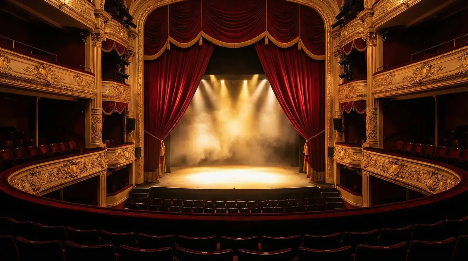 国产视频 - 华丽剧院舞台，红色幕布与金色装饰