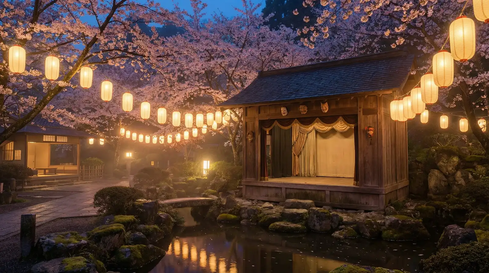 日韩精品 - 樱花庭院中的传统舞台